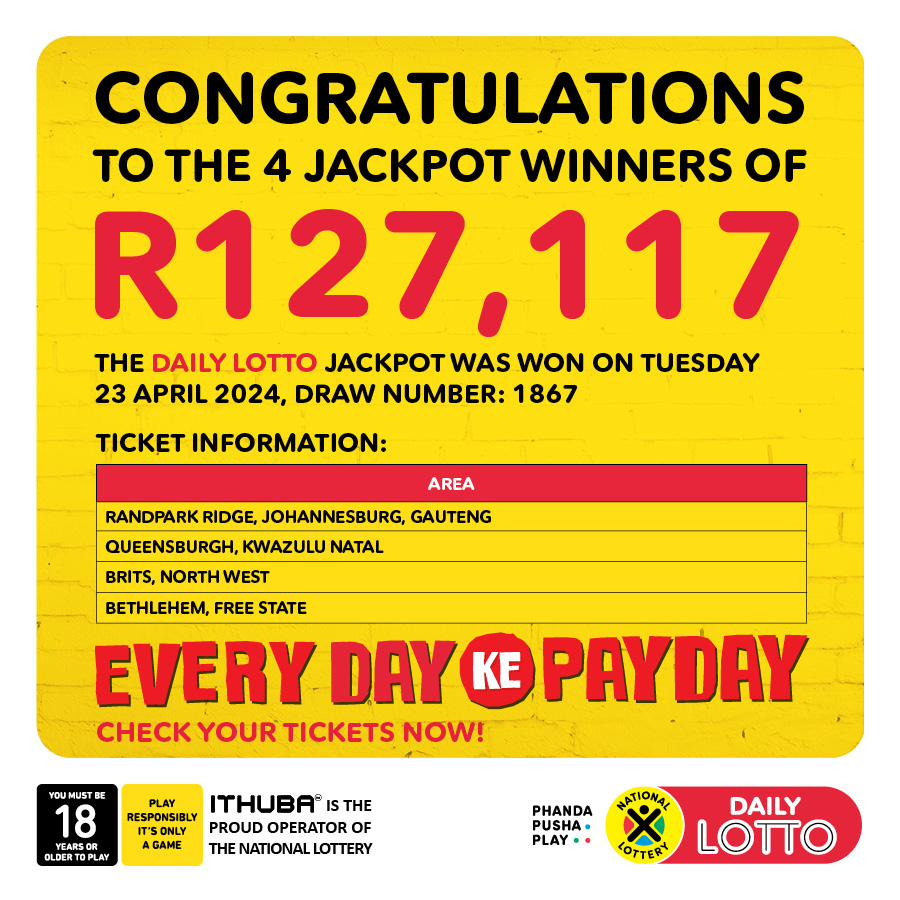 CONGRATULATIONS to the 4 lucky #DAILYLOTTO jackpot winners who WON R127,117.20 each from the 23/04/24 draw. PLAY #DAILYLOTTO TODAY for an estimated R480,000 jackpot & you could make every day ke payday! Buy YOUR tickets NOW!