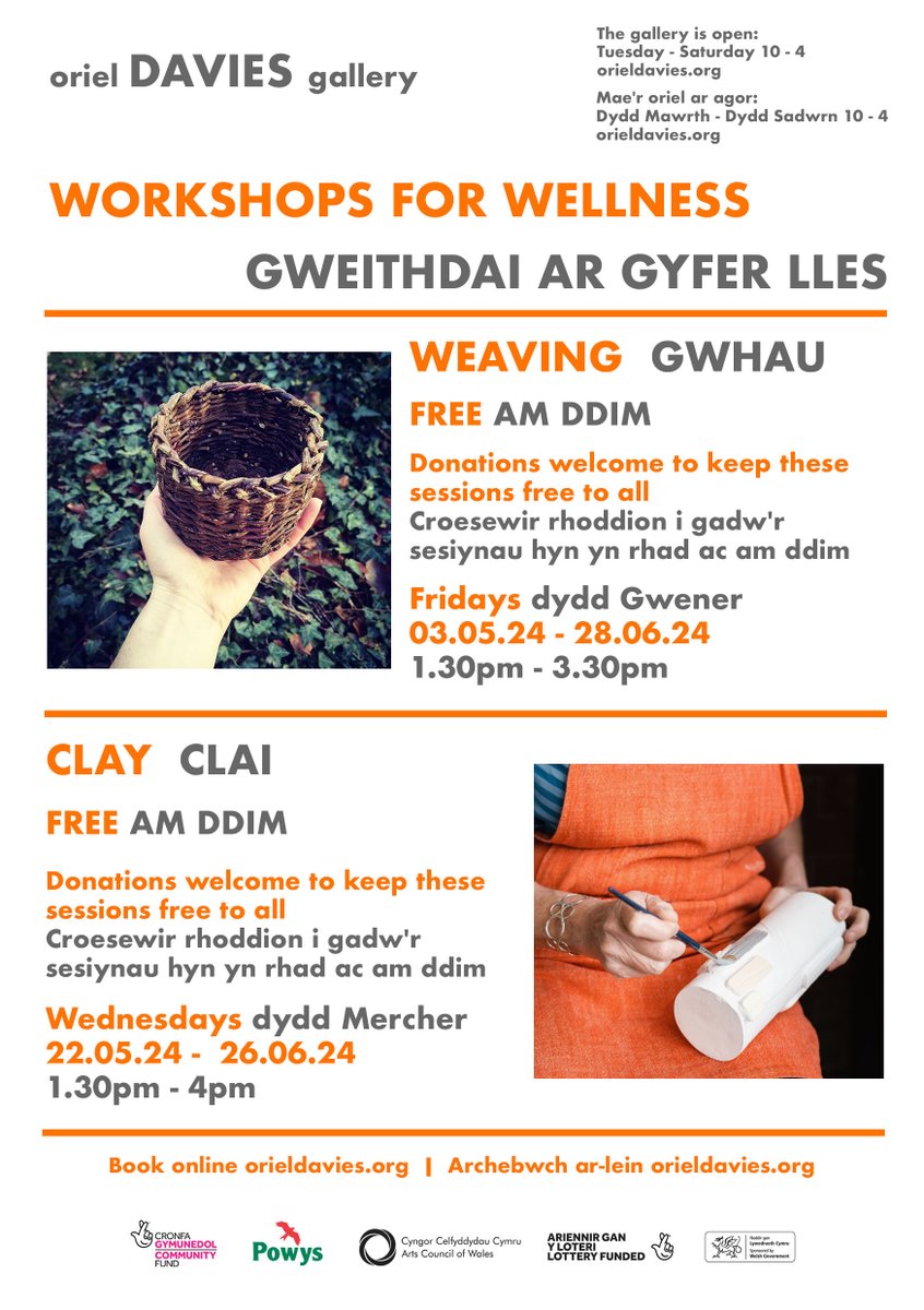 FREE weekly Workshops for Wellness start soon in Newtown, #Powys at @OrielDavies. Get creative & meet new  people to boost your mental health 🧺👍😀

Weaving starts 3 May.
Clay starts 22 May. 

Book online to make sure you don't miss out!

#MidWales #WellbeingWorkshop #Crafty
