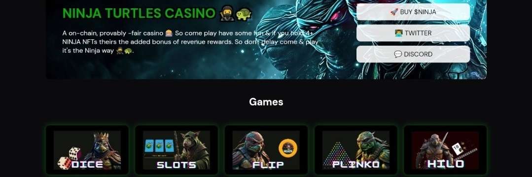 Join the Ninja Turtles 🥷🐢
at the the 🎰 for an exhilarating evening of fun &amp; games?

167M $NINJA JACKPOT 👀🤠

ninjatsscasino.xyz

- $NINJA
- $SOL
- $PNDC
- $W
- $USDC

#SolanaMemeCoins #casino
#heywallet first 100 degens get 10000 $GM