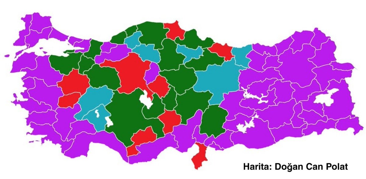 24 Haziran 2018 genel seçimlerinde cezaevlerinde kullanılan oyların yoğunluk haritası: Mor: HDP Yeşil: MHP Kırmızı: CHP Mavi: İYİ Parti Yok: AKParti