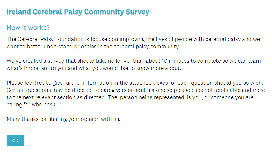 *Ireland Cerebral Palsy Community Survey* The Cerebral Palsy Foundation want to better understand priorities in the cerebral palsy community so complete their survey and have your say. 🔗 Survey Link: surveymonkey.com/r/SX35CNH @yourcpf