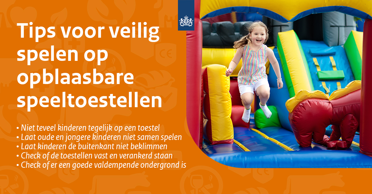 Tijdens #Koningsdag kunnen kinderen hun lol op met opblaasbare toestellen. Spelen is leuk, maar kent ook risico’s. Wees je er als ouder van bewust dat er ook met veilige speeltoestellen ongelukken kunnen gebeuren als deze niet goed worden gebruikt.  👉 nvwa.nl/onderwerpen/sp…