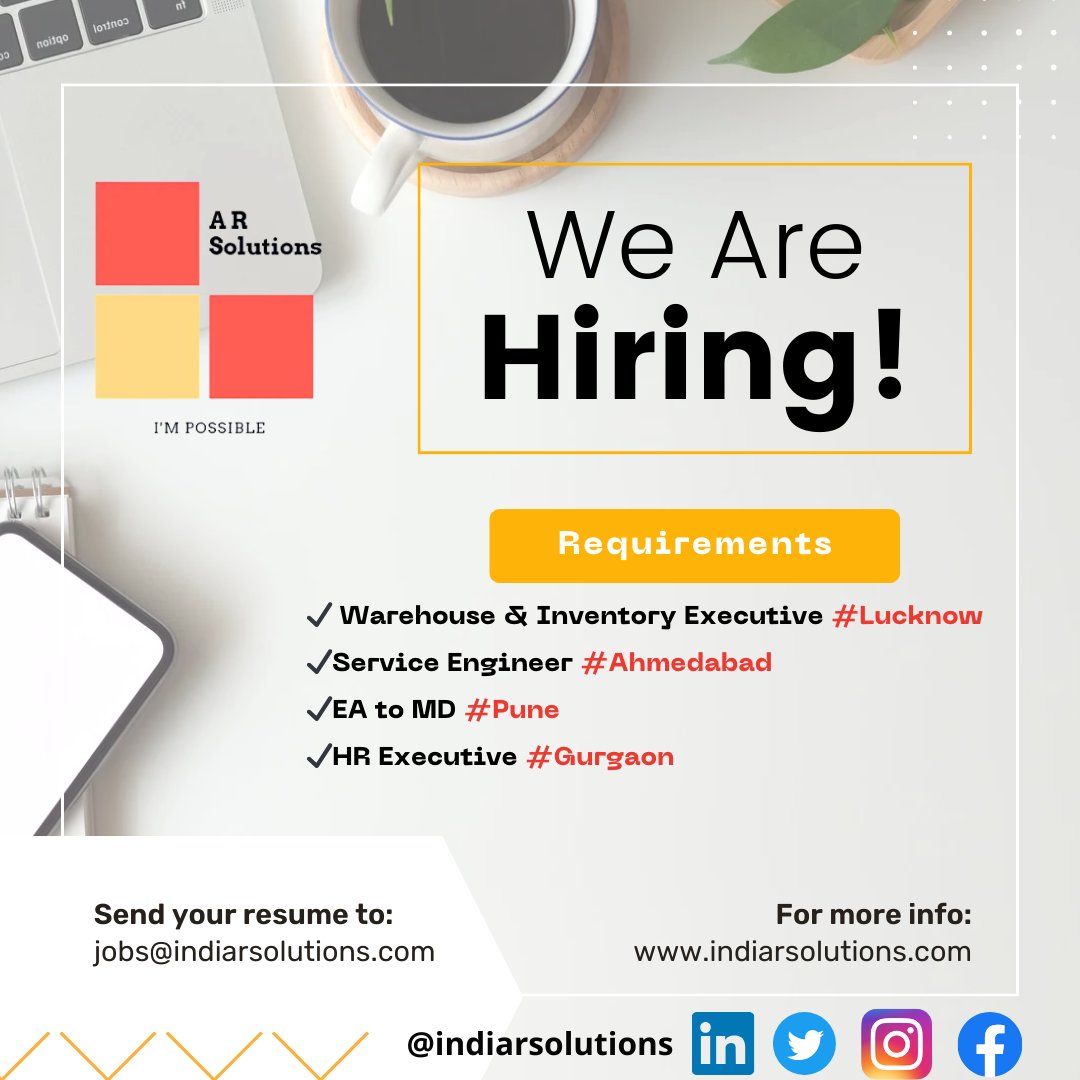 #NowHiring #JobAlert #CareerOpportunity

✔️ Warehouse & Inventory Executive #Lucknow
✔️Service Engineer #Ahmedabad 
✔️EA to MD #Pune
✔️HR Executive #Gurgaon
Email us jobs@indiarsolutions.com 💻

#jobsearch #job #career #jobseeker #lookingforjob #helpinghands #jobopportunity