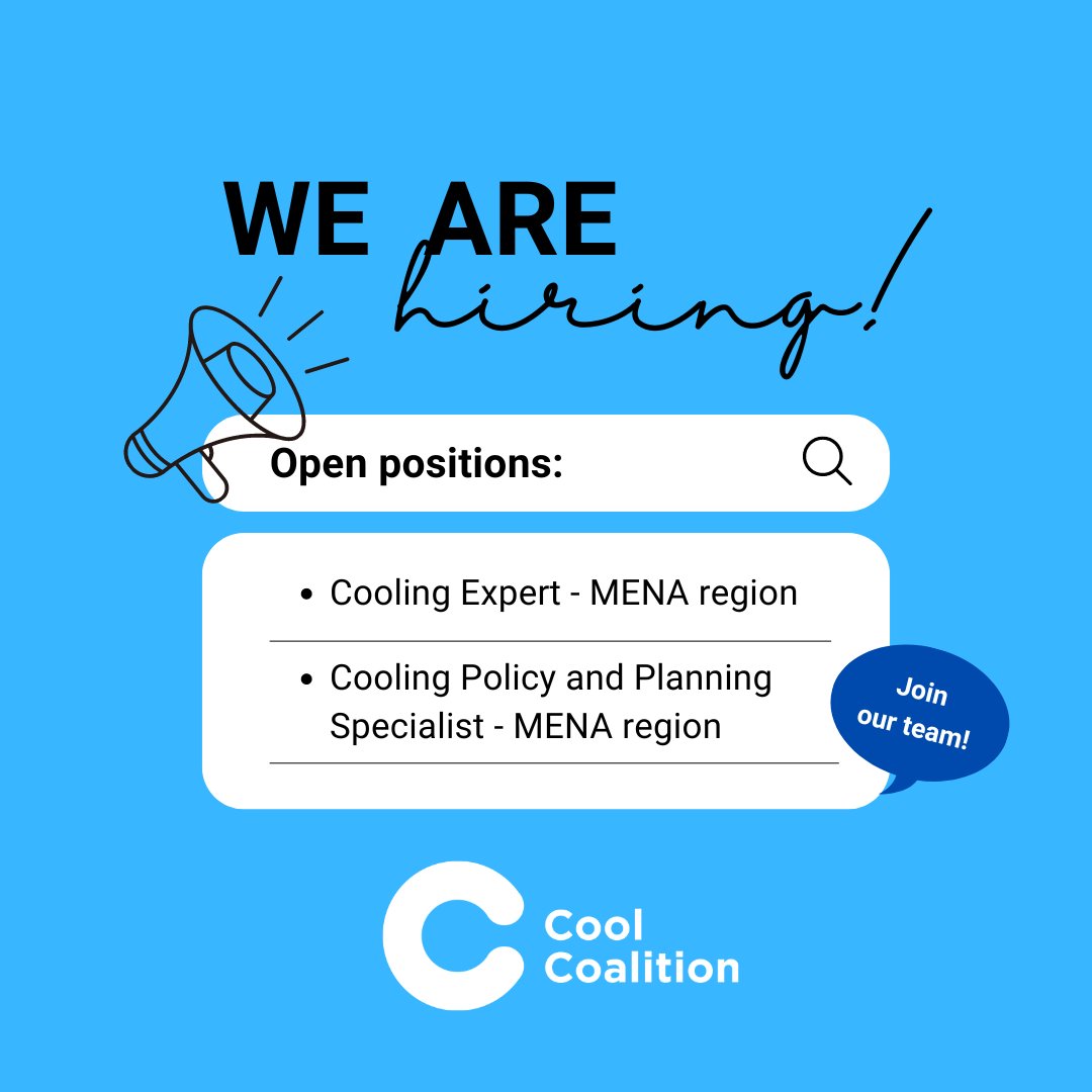 📢 Exciting Opportunities! We have two exciting opportunities to support @UNEP Cities Unit's work on cooling and NCAPs in the MENA region. ❄📜 ✍ Apply here: 1️⃣ inspira.un.org/psc/UNCAREERS/… 2️⃣ inspira.un.org/psc/UNCAREERS/… 💡More info on Cool Coalition: coolcoalition.org