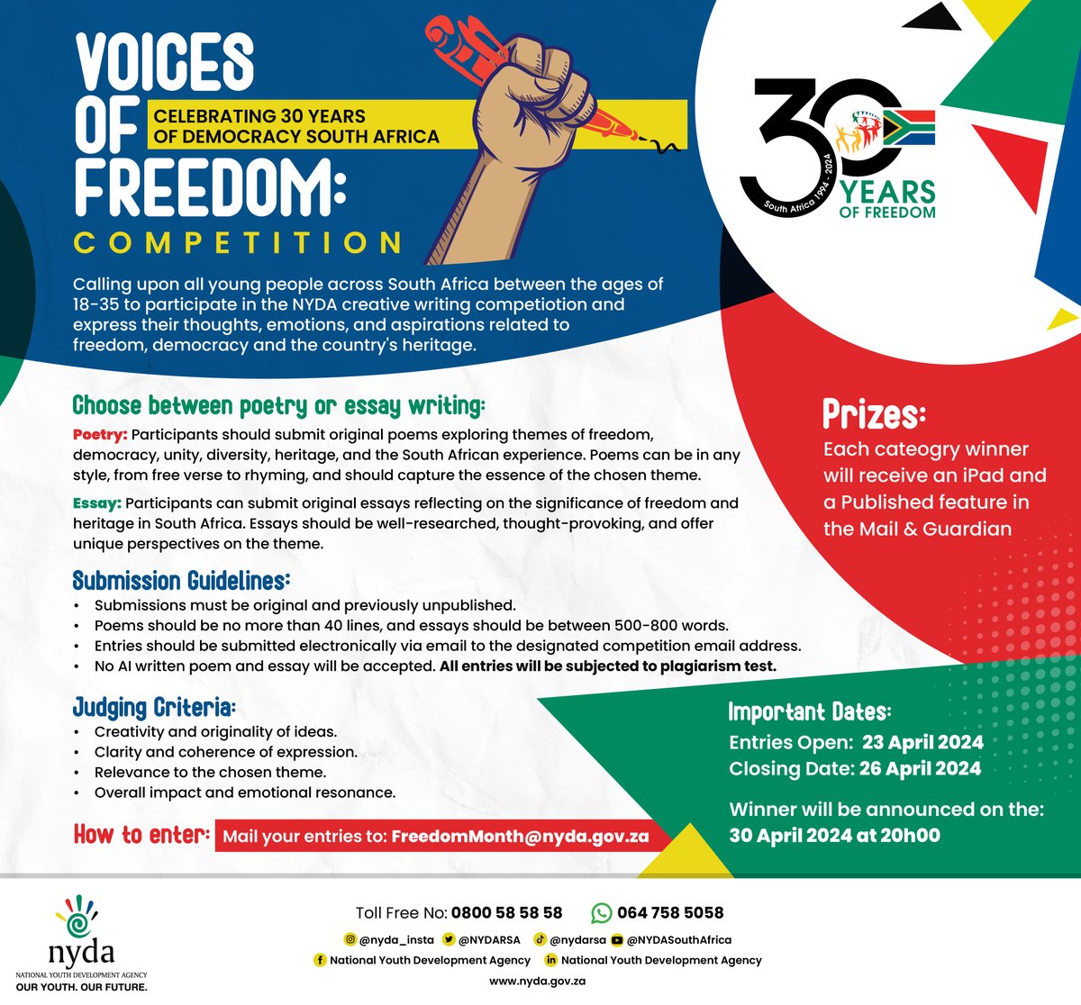 📣 Attention all young voices of South African Youth! ✍️ 🎉 Come celebrate 30 years of Democracy with us in the 'Voices of Freedom: Celebrating 30 years of Democracy in South Africa' competition! Express your thoughts on freedom, democracy, and our vibrant heritage through
