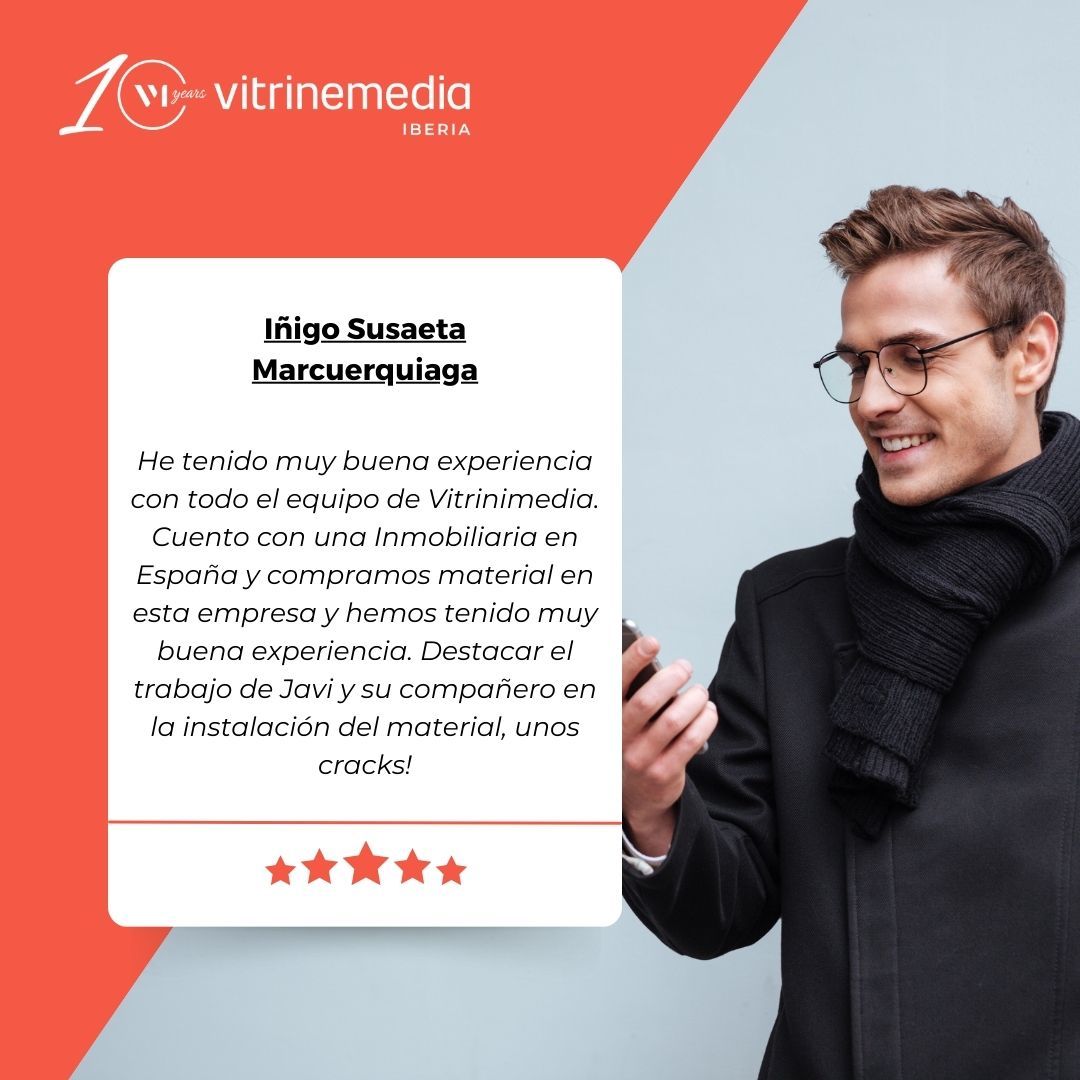 ¡Gracias por tu reseña positiva! En VitrineMedia España, siempre buscamos ofrecer lo mejor. Nos alegra saber que tu experiencia con nosotros ha sido buena.
#vitrinemediaespana #makeitremarkable #visibbledisplay #escaparate