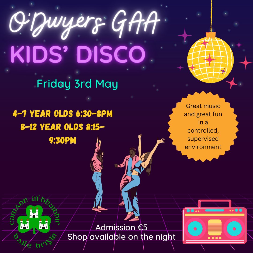 Kids’ disco Friday 3rd May 💃💃🕺🕺🎉🎉😁😁lots of fun and great music🎉🎉 Parents/guardians, we’d ask that you please drop & collect your child at the appropriate times. Parking on the path outside the club is not permitted, as it could become crowded and cause an accident.