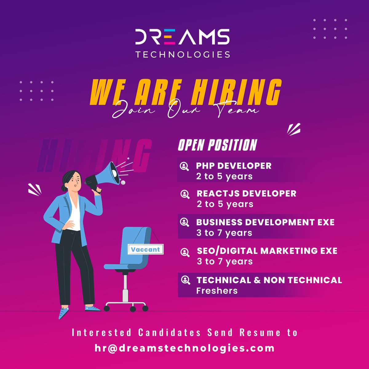 Looking for a new career opportunity? We are currently hiring for various positions. 

Send your resume to hr@dreamstechnologies.com to be considered.

 #JobOpening #DreamJob #ApplyNow 🌟