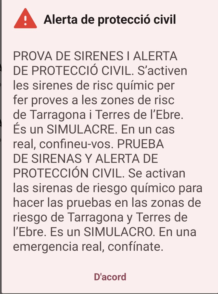 Rebut el missatge de les proves de sirenes i alerta de @emergenciescat . Les sirenes també han sonat a #laCanonja . Aquestes proves i els simulacres són una molt bona manera per estar preparats i conscienciar (que ho estan) a la població civil del risc que hi ha. 
#protecciócivil