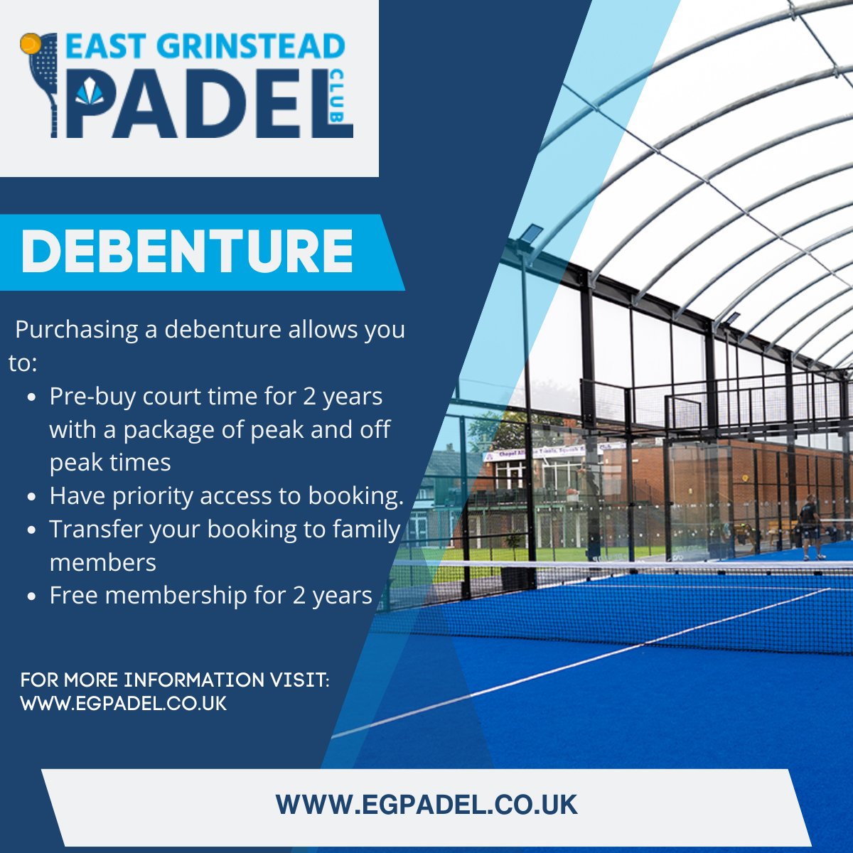 ANNOUNCEMENT!

Padel is coming to East Grinstead Sports Club!

The club is proposing the construction of 4 state-of-the-art covered and floodlit padel courts!

We are looking to raise the final funds to proceed with the build.
For more information go to: egpadel.co.uk