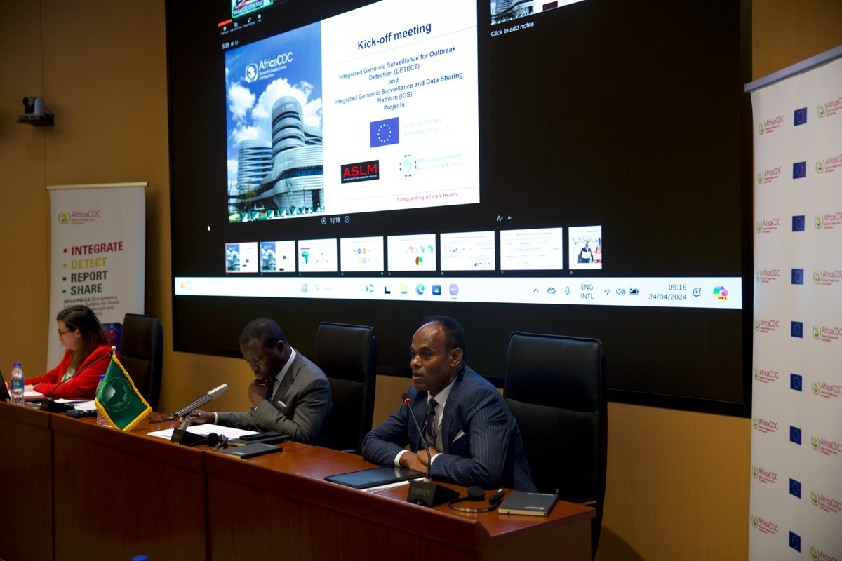 ASLM_News's tweet photo. We celebrate a pivotal moment at the @Africa CDC led event. Dr. Raji Tajudeen Ag, Deputy DG of Africa CDC, inaugurated the #IGSProject and #DETECTProject, alongside Ms. Ana Burgos-Gitierrez from HERA-European Commission and Dr. Yenew Kebede from Africa CDC. https://t.co/yYY9DxsA00