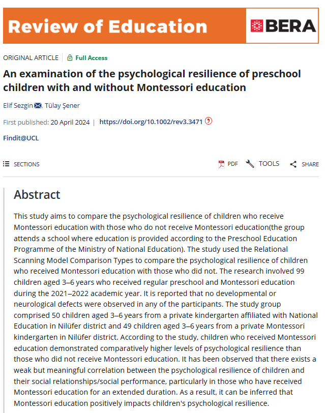 📢 NEW PUBLICATION 📢

'An examination of the psychological #resilience of #preschool children with and without #Montessori #education' by Elif Sezgin and Tülay Şener 👏👏👏

📖 doi.org/10.1002/rev3.3…

#ECE #EarlyChildhood