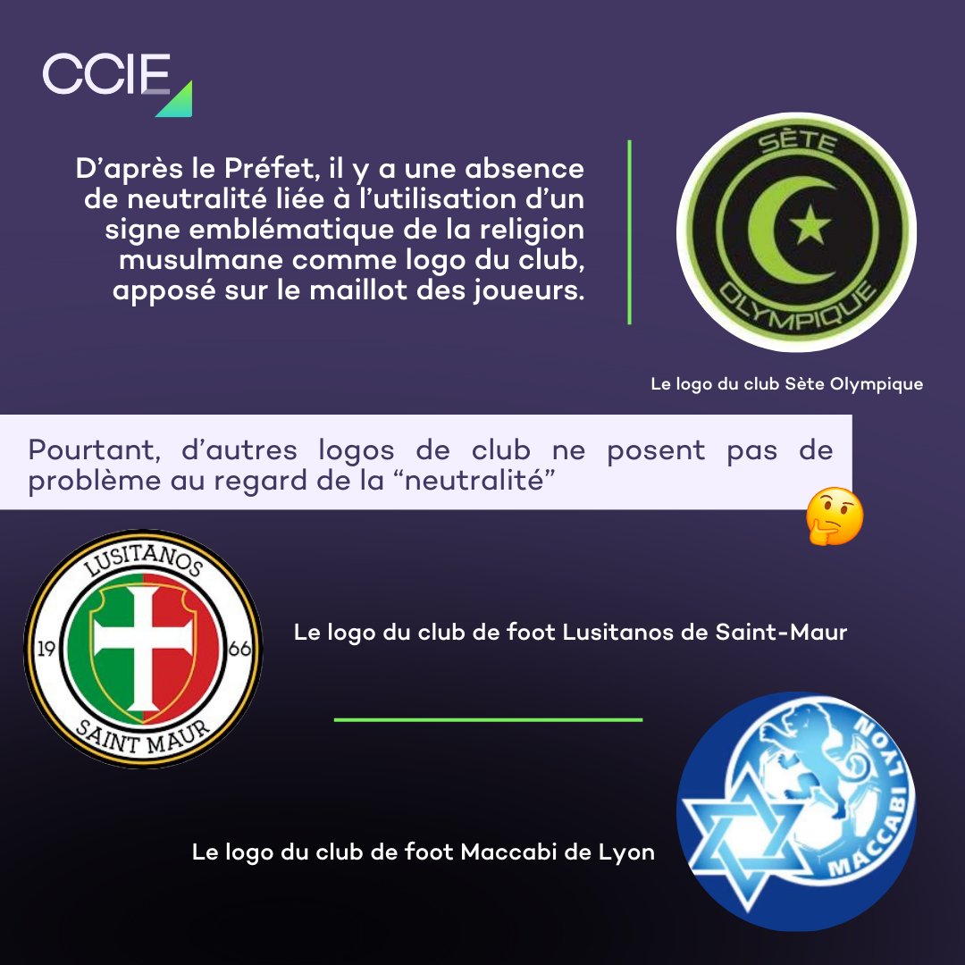 🔴 Dans un communiqué paru hier, le Préfet de l'Hérault annonce retirer l'agrément d'un club de foot de la ville de Sète dans le cadre de la lutte contre le séparatisme et le communautarisme, notamment à cause du logo du club qui ne respecterait pas la neutralité.
⬇️