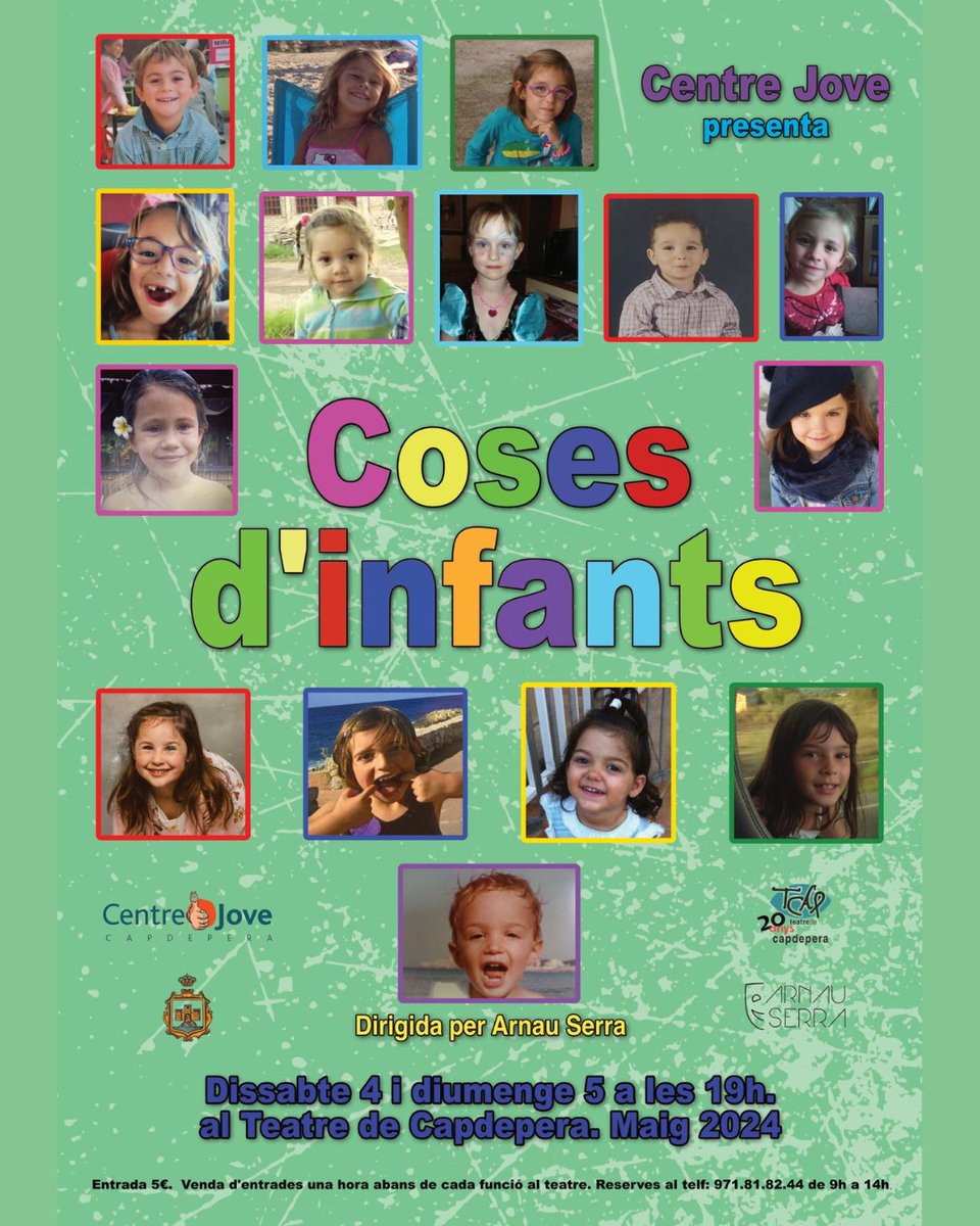 🎭 Centre Jove Capdepera presenta: COSES D'INFANTS dirigida per Arnau Serra 📅 Dissabte 4 i diumenge 5 de maig a les 19.00 h al Teatre de Capdepera. Entrada 5 €. 🎟 Venda d'entrades una hora abans de cada funció al teatre. Reserves al telèfon 971 818244 de 9 a 14 h.