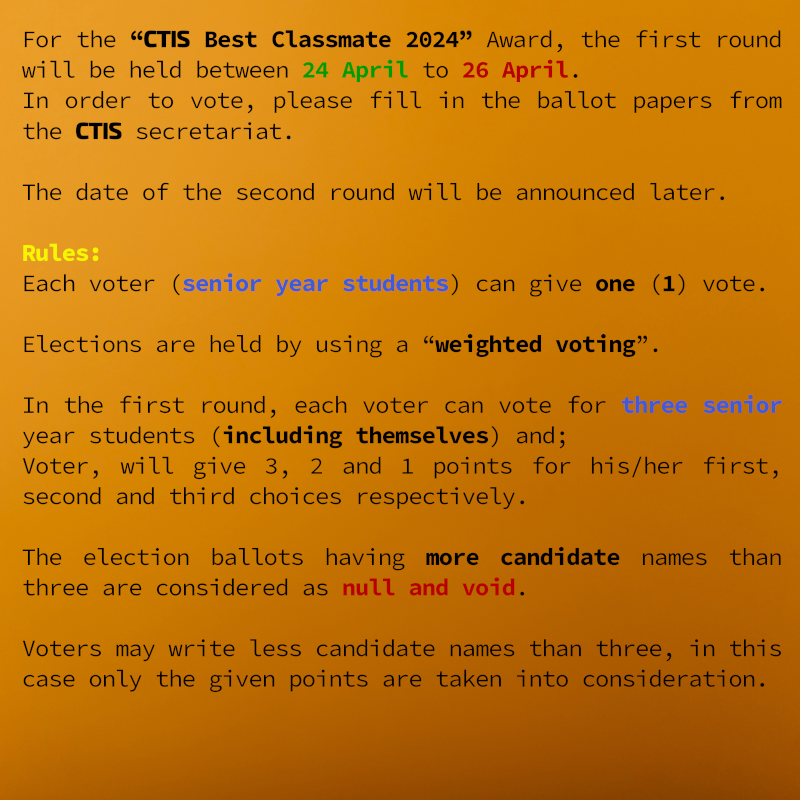 CTISBilkent's tweet photo. For the “CTIS Best Classmate 2024” Award, the first round will be held between 24 April to 26 April.
To vote, please fill in the ballot papers from the CTIS secretariat.

For all the rules of the CTIS Awards please check: https://t.co/6StYaStBBG

#CTISawards #CTISevents https://t.co/7Fz2zpwsqo