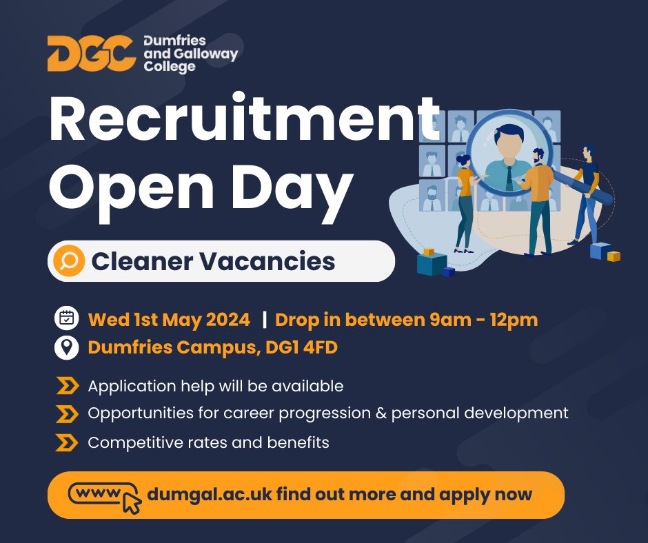 📣Recruitment open day Cleaner Vacancies 🕛9:00 am - 12:00 pm 🏢1st May - Dumfries Campus Come along and find out more about available vacancies. Colleagues will be on hand to help you submit an application on the day. Apply or find out more ➡️ bit.ly/3sSZATO