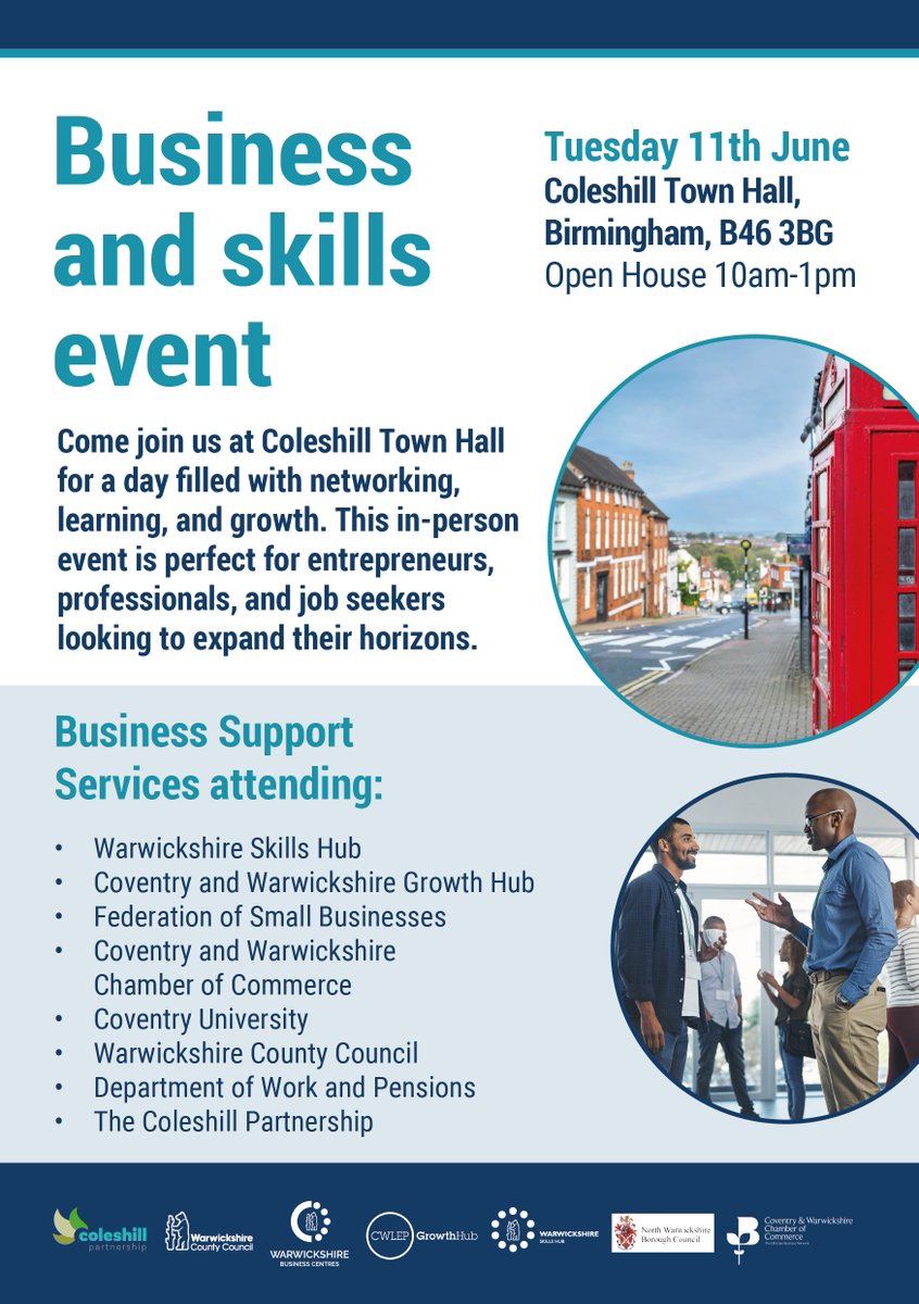 <a href="/warkskillshub/">Warwickshire Skills Hub</a> and partners are hosting a drop-in public event at <a href="/ColeshillTH/">Coleshill Town Hall</a> on 11 June between 10am-1pm. This is a chance for jobseekers to meet business reps and learn about skills opportunities and grow their career prospects.
warwickshire.gov.uk/news/article/5…
#Skills #InvestCW