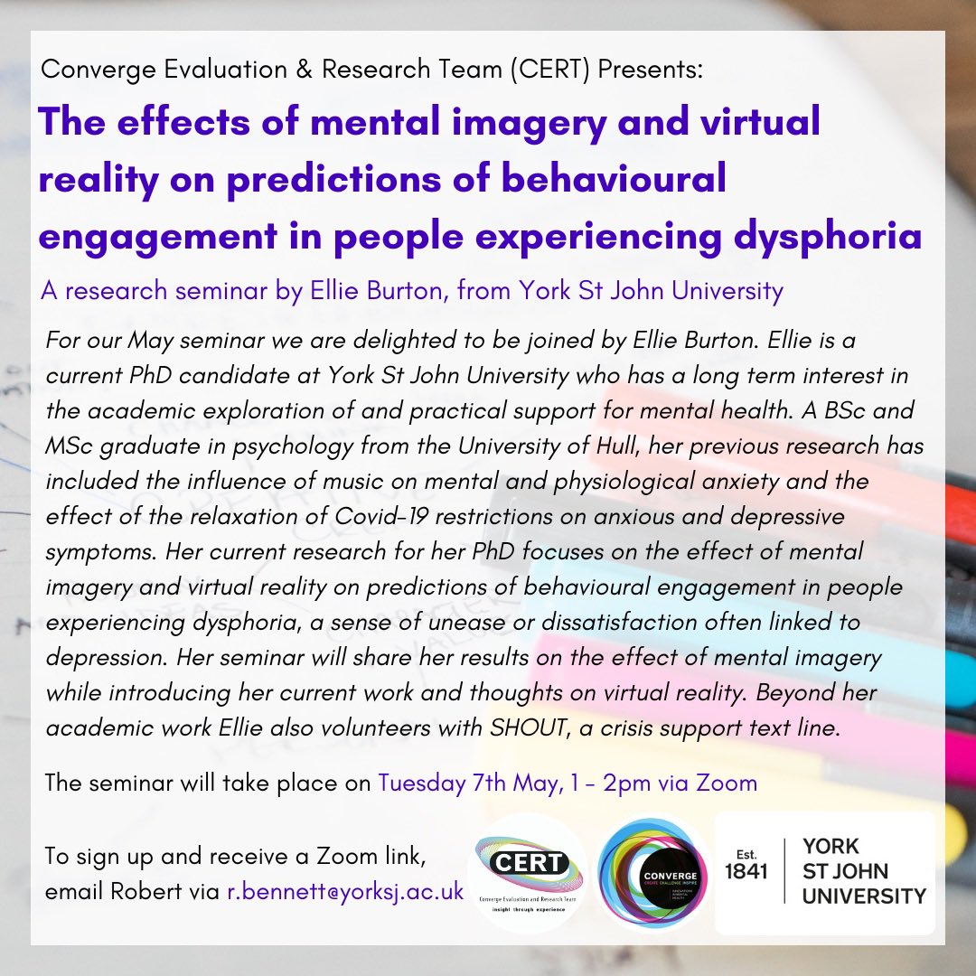 We are delighted to be joined by Ellie Burton, a current PhD candidate at York St John University for our research seminar. 

The seminar will take place on Tuesday 7th May, 1pm-2pm via Zoom. To sign up and receive a Zoom link, email Robert via r.bennet@yorksj.ac.uk