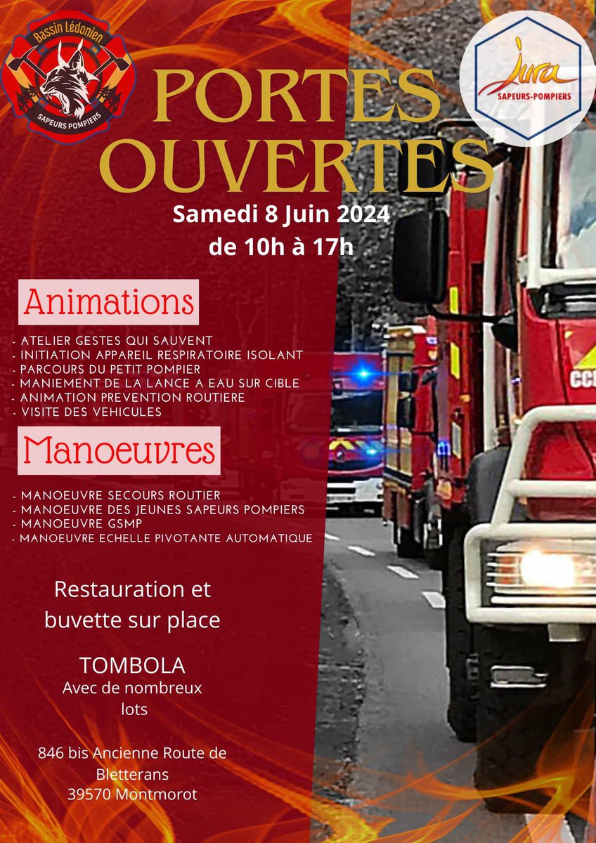 #RendezVous 📆 🚒 | samedi 8 juin au Centre d’Incendie et de Secours du bassin lédonien <a href="/SDIS39/">SDIS du Jura</a> ! @CyrilFournier39 <a href="/Rondot_Raphael/">Raphaël Rondot</a> <a href="/RICHARD_Sy25/">RICHARD Sylvain</a> <a href="/guyon_j/">GUYON Jérôme</a> <a href="/DaviotVincent/">DAVIOT Vincent</a> <a href="/allole18/">POMPIERS - Ça décale ! 🔥 📟 🚒 🇫🇷</a> <a href="/JuraProgres/">Le Progrès Jura</a> <a href="/VoixduJura/">Voix du Jura</a> <a href="/Prefet39/">Préfet du Jura</a> <a href="/PompiersFR/">Pompiers de France</a> <a href="/damienfredy1/">Damien FRÉDY</a> <a href="/FredTisserant/">Frédéric TISSERANT</a>