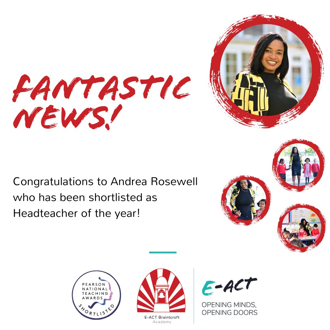 🏆Fantastic News!🏆 We are thrilled to announce that Andrea Rosewell, Headteacher at @BraintcroftEACT, has been shortlisted as a Finalist in the Headteacher of the Year category at The Pearson National @TeachingAwards 2024. Read more here➡️buff.ly/4dbMNhd #WeAreEACT