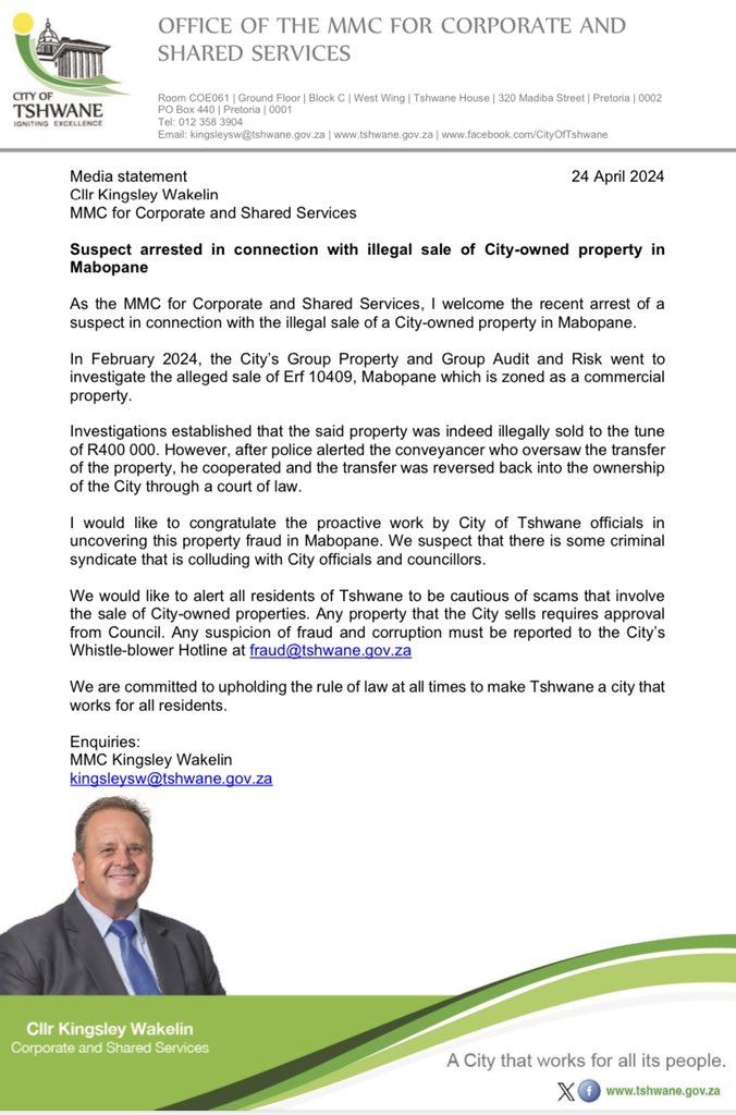 STATEMENT: Suspect arrested in connection with illegal sale of City-owned property in Mabopane. @CityTshwane