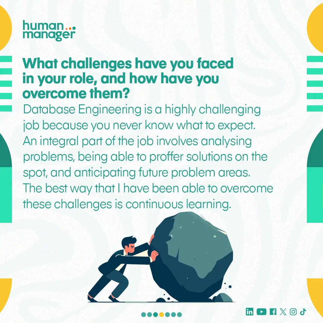 HumanManagerNig's tweet image. Meet our incredible Champion, Omolola Eyanuku! 💃🏼 @lolaeyanuku

As a talented Database Engineer &amp;amp; Developer, Omolola is always innovating and pushing boundaries. But that&apos;s not all - she&apos;s a fitness enthusiast and loves working out in her free time!
 
#HumansofHumanManager