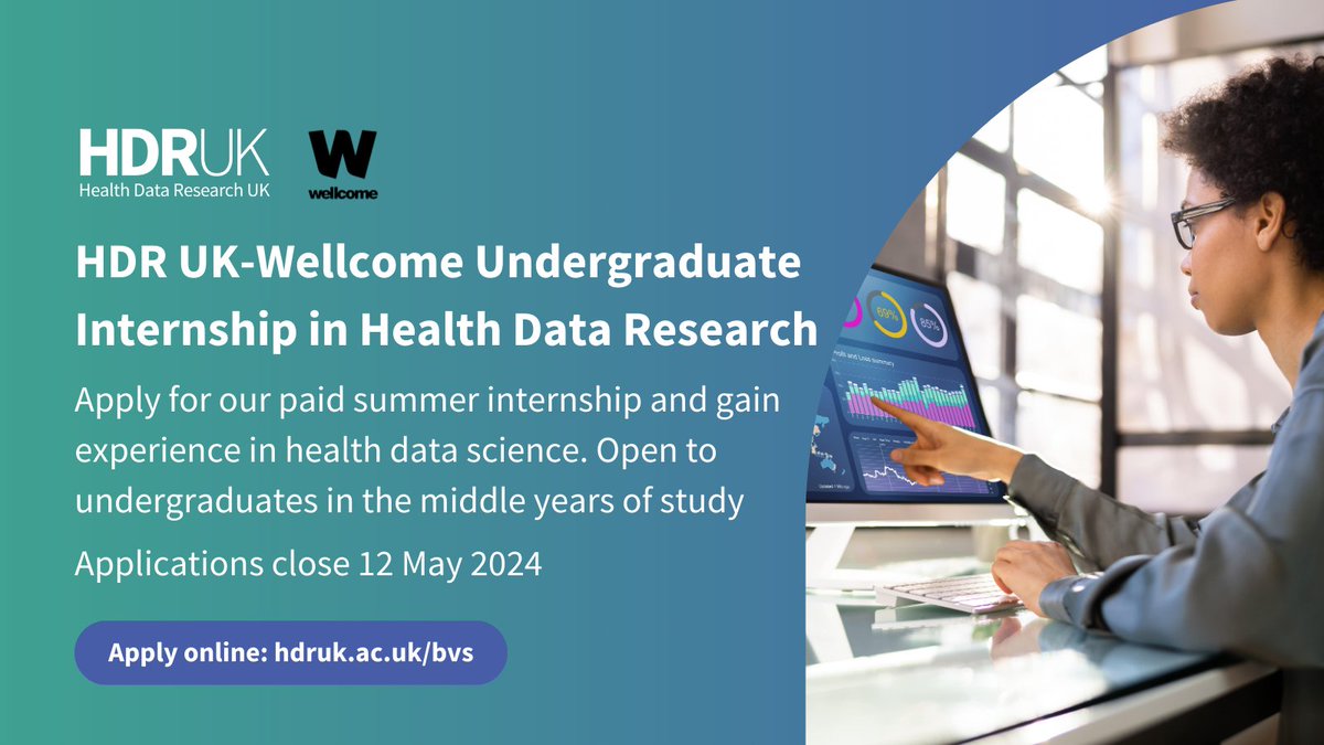 Our paid undergraduate summer internship is open for applications! If you're studying a quantitative subject and in your middle years of study, apply to learn data science skills through a health data research project at a UK university: hdruk.ac.uk/bvs @wellcometrust