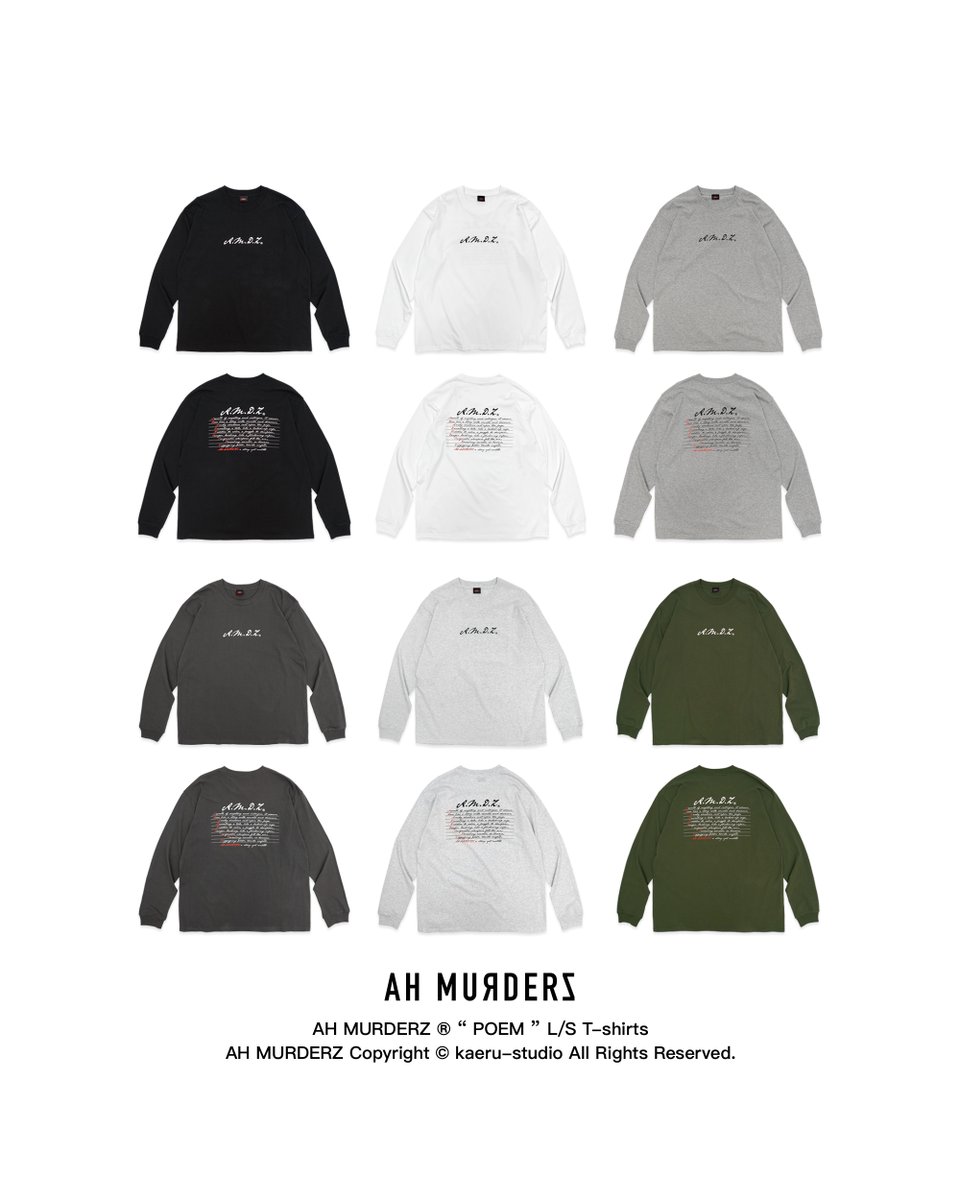 【 AH MURDERZ “ POEM “ L/S T-shirts 】 Mサイズは全カラー完売!! WHITEは全サイズ完売となりました!! 他カラーも残りわずかとなってます!! お早めにどうぞ!! Color : BLACK / GRAY / CHARCOAL / ASH / OLIVE Size : L / XL / XXL ahmurderz.com/?pid=180593873 #AHMURDERZ #REDSPIDER