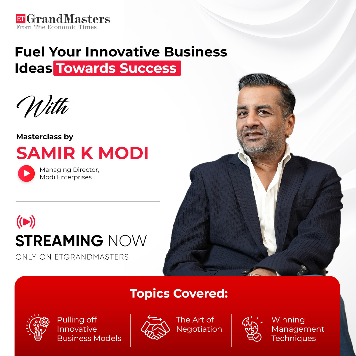 ETGrandmasters's tweet photo. Streaming now on https://t.co/UbIs2rCCDt

Dive into @samirmodi 's masterclass for a roadmap to entrepreneurial excellence! Whether you're venturing into family businesses or pioneering new ventures, unlock tried-&amp;-tested strategies for success

Watch now

@Lovecolorbar @24SevenIN https://t.co/cvZbwUO5ZO