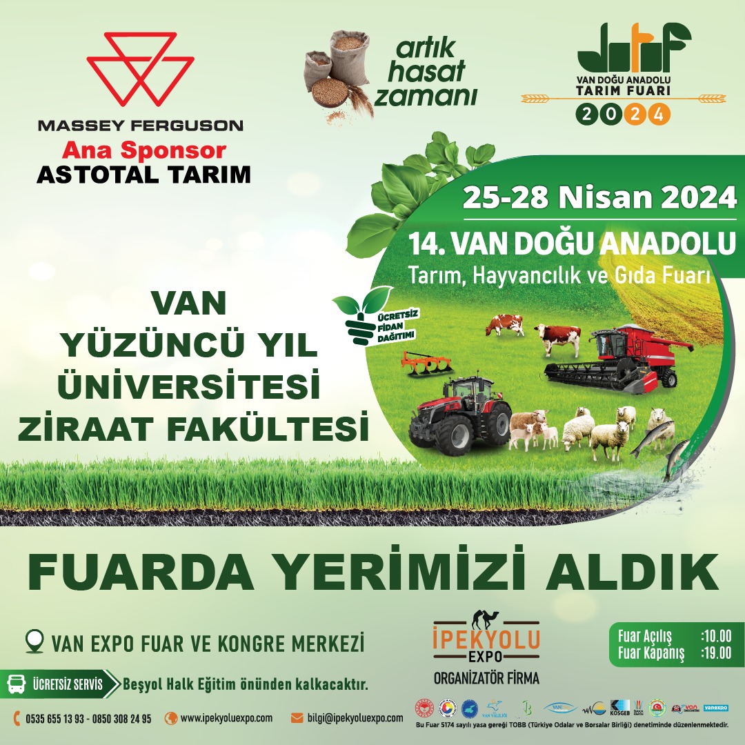 14.Van Doğu Anadolu Tarım, Hayvancılık ve Gıda Fuarı 25 Nisan 2024 Perşembe günü Van Expo Fuar ve Kongre Merkezinde kapılarını açıyor! Van Yüzüncü Yıl Üniversitesi Ziraat Fakültesi olarak fuarda yerimiz aldık! @ipekyoluexpo