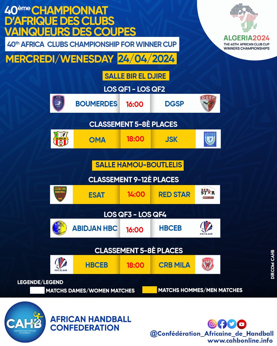 40e Championnat D’Afrique des Clubs Vainqueurs de Coupe, Oran 2024 Recevez le programme de ce 24 avril 2024 avec les matchs de classement. #CACVC2024
