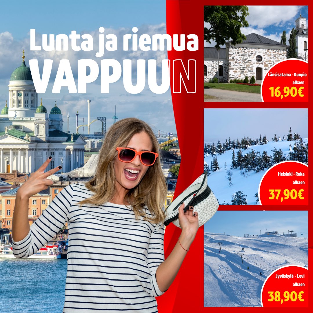 ✨ Vappu lähestyy ja nyt onkin aika suunnata kohti rientoja! ✨ Esimerkkihintoja 🌟 Helsinki (Länsisatama) - Kuopio alkaen 16,90 euroa 🌟 Jyväskylä - Levi - alkaen 38,90 euroa 🌟 Ruka, Helsinki - Ruka - alkaen 37,90 euroa #Vappu #Kuopio #Laskettelu #OnniBus #Levi #Ruka