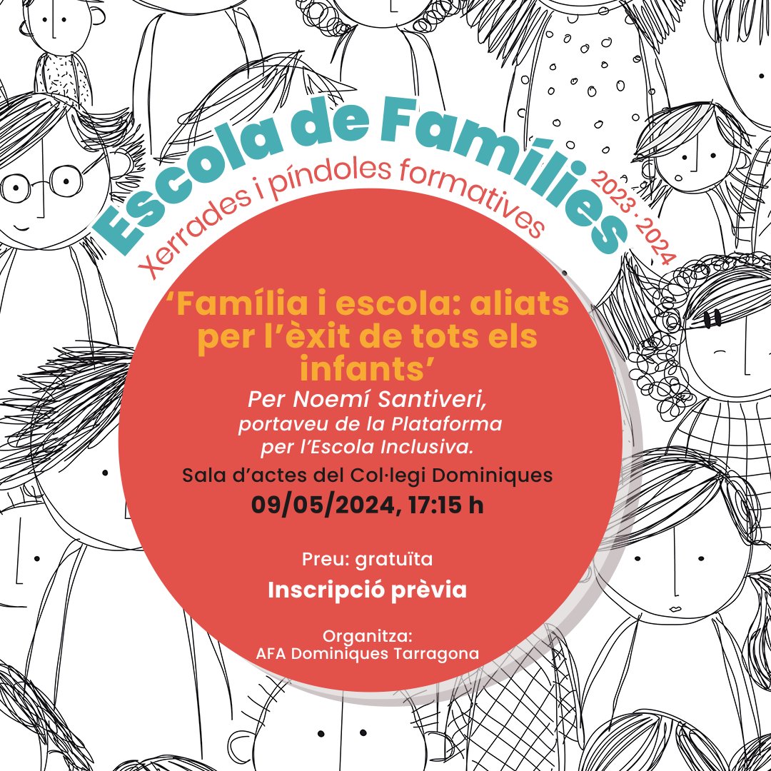 TGN Educació (@tgneducacio) on Twitter photo ⭕️L' <a href="/AfaDominiques/">AFADominiquesTarragona</a> organitza una xerrada sobre el paper de les famílies per l'escola inclusiva
A càrrec de Noemí Santiveri, portaveu de <a href="/EscolaInclusiva/">Escola Inclusiva</a>
🗓️09/05a les 17:15h. Servei de Temps x Cures
✍️Inscripcions a partir del 29/04: forms.gle/8yxsc3YUTfvWYe…
<a href="/TGNAjuntament/">Ajuntament de Tarragona</a> ⭕️L' <a href="/AfaDominiques/">AFADominiquesTarragona</a> organitza una xerrada sobre el paper de les famílies per l'escola inclusiva
A càrrec de Noemí Santiveri, portaveu de <a href="/EscolaInclusiva/">Escola Inclusiva</a>
🗓️09/05a les 17:15h. Servei de Temps x Cures
✍️Inscripcions a partir del 29/04: forms.gle/8yxsc3YUTfvWYe…
<a href="/TGNAjuntament/">Ajuntament de Tarragona</a>