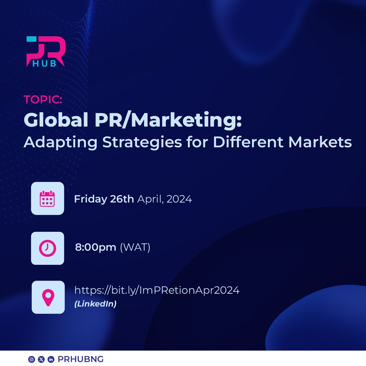 PRHubng's tweet photo. Don’t miss out on the invaluable insight during the April edition of the #ImPRetionSeries.

The #ImPRetion powered by @PRHubNg is focusing on global PR/ Marketing, this month, as we explore the art of adapting strategies for diverse markets. 

#PRHub #ImPRetion #ImPRetionSeries https://t.co/Mqju0U752F