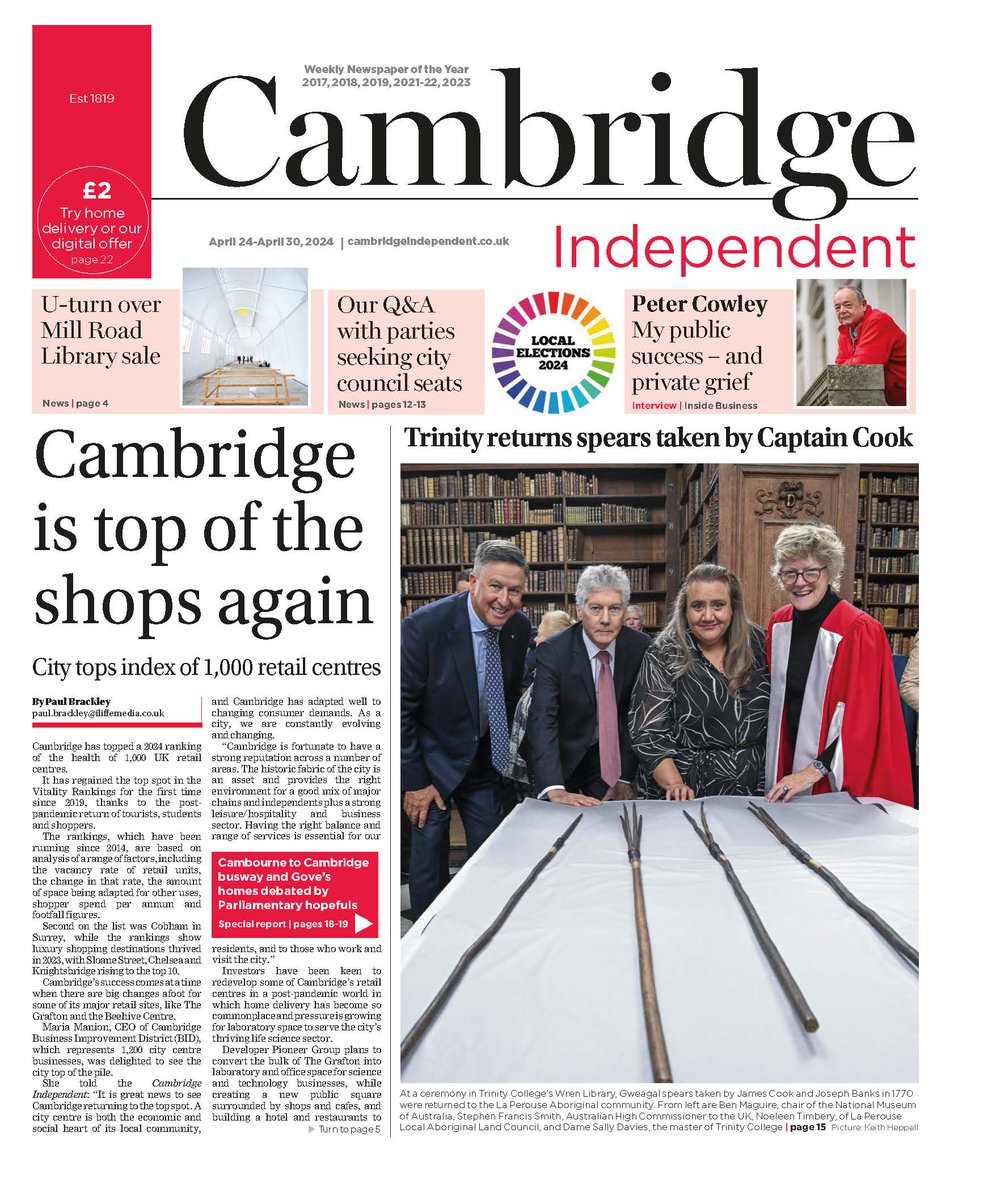 PaulBrackleyCI's tweet photo. In @CambridgeIndy we report on #Cambridge topping index of 1,000 retail centres in UK, feature Q&amp;A with parties ahead of @camcitco election, feature latest on former Mill Road Library, South Cambs candidates on Gove, water and busways &amp; interview with @plcowley https://t.co/mciiIomDEq