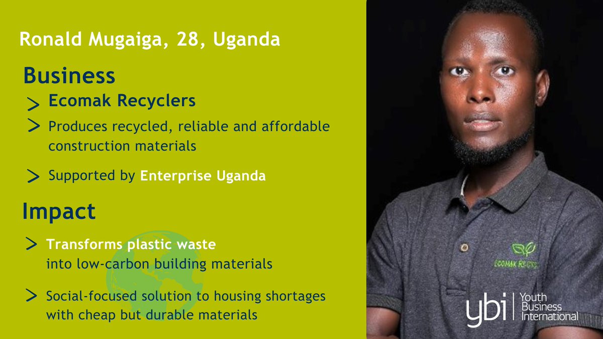 Ronald, 28, will be joining the #YBIBootcamp in London this June. 

This week for #EarthDay, we’re celebrating his business <a href="/ecomak_recy/">Ecomak Recyclers</a>, a #socialenterprise that transforms plastic waste into low-carbon construction bricks.

He is supported by our member <a href="/EntUganda/">ENTERPRISE UGANDA</a>.