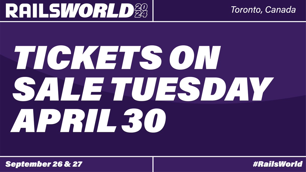 Update: #RailsWorld tickets will be available beginning Tuesday April 30 at 1pm EDT. Head over to rubyonrails.org/world/2024 next Tuesday to get your ticket. Further details here: rubyonrails.org/2024/4/24/rail…