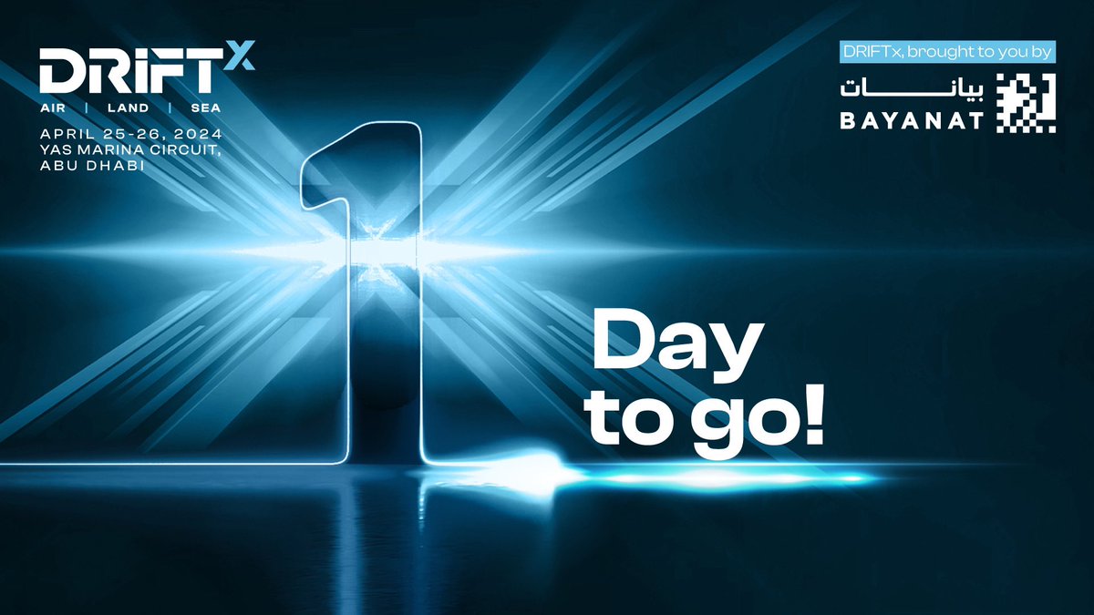 The countdown is almost over! With only 1️⃣ day left until DRIFTx kicks off, anticipation is at an all-time high. Don't miss your chance to witness the future of mobility unfold! Today’s your last chance to register! @Bayanatg42 @InvestAbuDhabi @saviabudhabi @AbuDhabiDMT