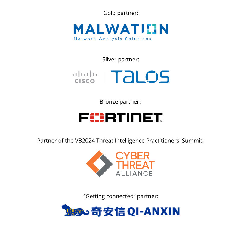 We are pleased to announce and welcome onboard the first five partners of #VB2024: @malwation, @TalosSecurity, @Fortinet, @CyberAlliance & @QI_ANXIN. Find out how to join them and make your company visible among security peers: virusbulletin.com/conference/vb2…
