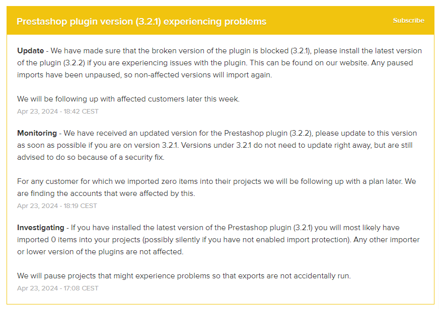 Si tienes instalado el plugin de <a href="/Channable_es/">Channable</a> para <a href="/PrestaShop/">PrestaShop</a>, actualiza cuanto antes a la version v3.2.2