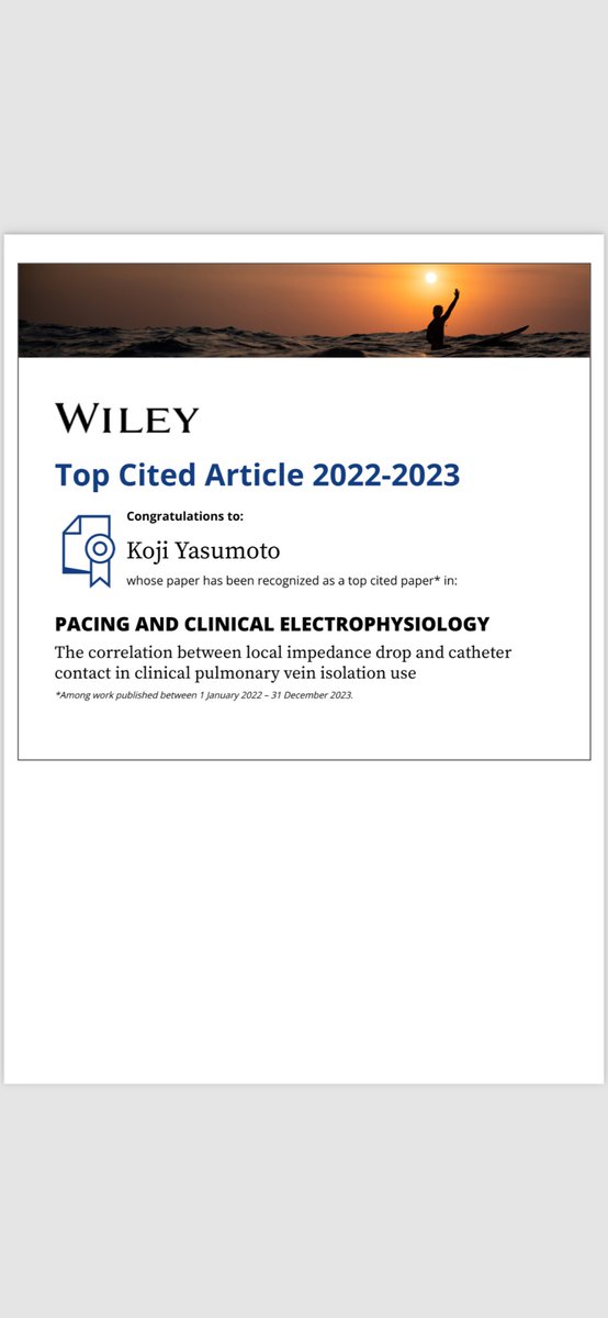 Good news! My article received enough citations to be a #TopCitedArticle in Pacing and Clinical Electrophysiology. 

LIの低下とアブカテのコンタクトの関連を調べた論文が、PACEのtop cited articleに選ばれました！引用してくれた人、ありがとうございます。これからも頑張ります！