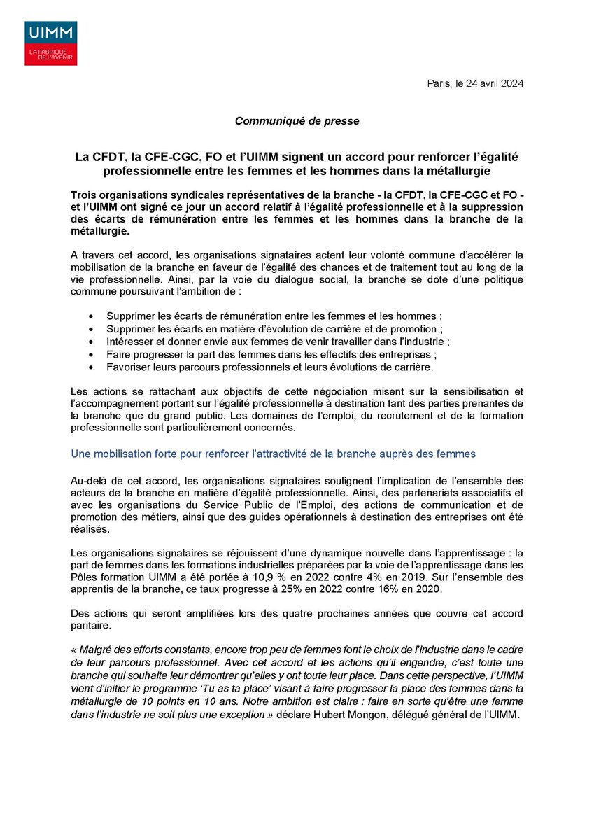 #CP | 🤝Accord pour renforcer l’égalité professionnelle entre les femmes et les hommes dans la métallurgie.

Les signataires actent la volonté commune d’accélérer la mobilisation de la branche pour l’égalité des chances et de traitement tout au long de la vie professionnelle.