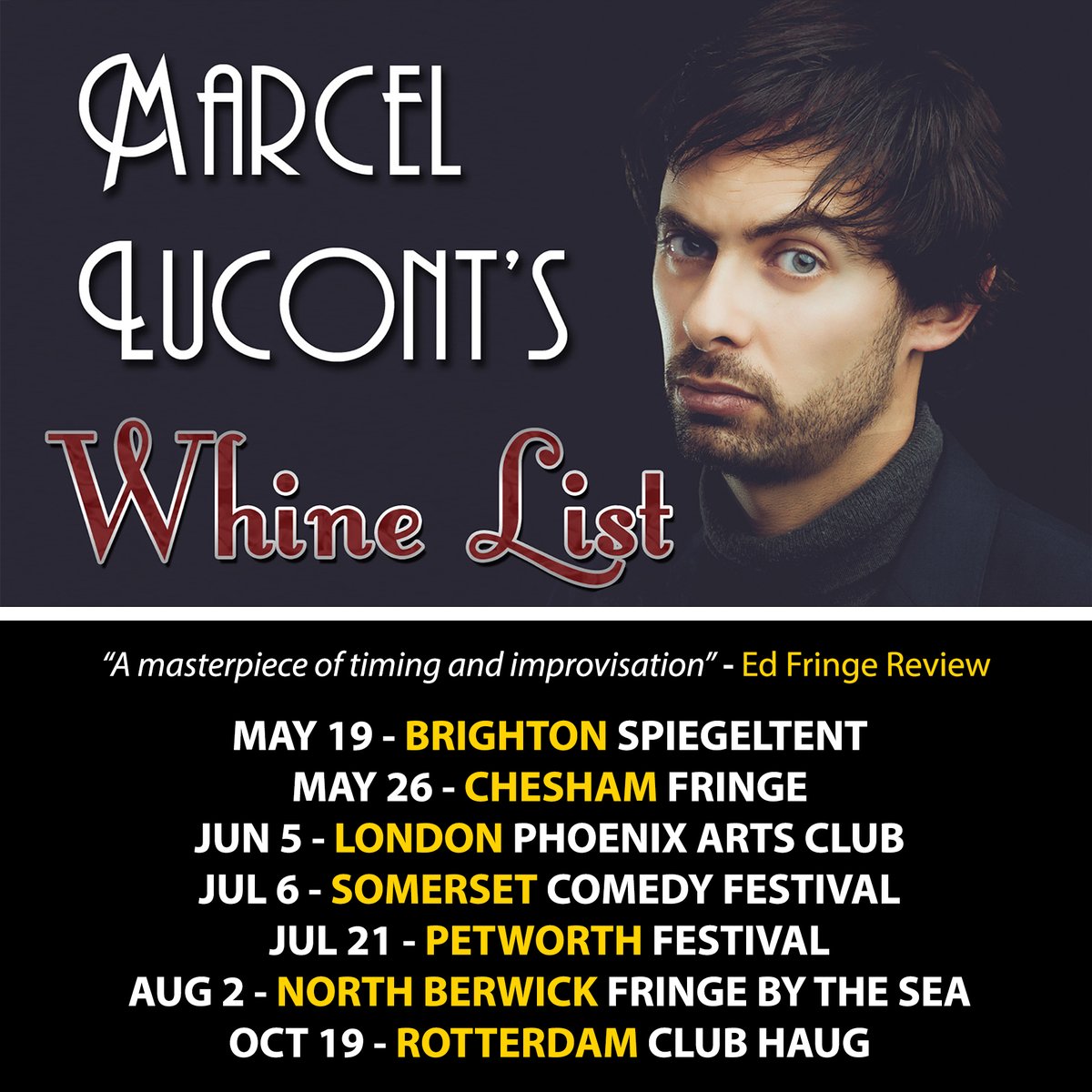 More exciting updates to come, including those US dates you cannot stop pestering me about. For now: May 19 @BSpiegeltent May 26 Chesham Fringe Jun 5 @phoenixartsclub Jul 6 @SomersetComFest Jul 21 @PetworthFest Aug 2 @fringebythesea2 Oct 19 @ClubHaug linktr.ee/marcellucont