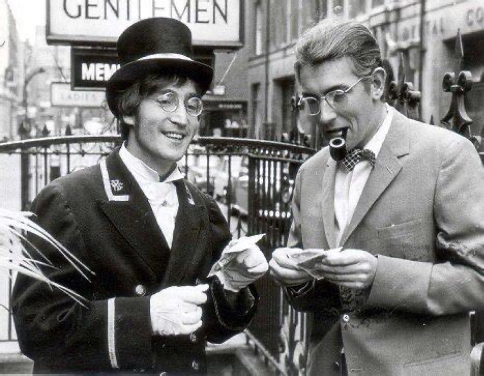 Copping a fiver off Peter Cook in Soho, London whilst filming a short scene for ‘Not Only…….But Also’ in November 1966 #TheBeatles #PeterCook #1960s #sixties #soho #beatleslondon