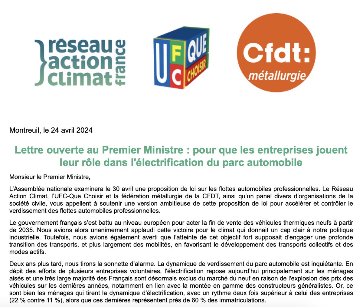 Avec le @RACFrance, @caritasfrance et @CFDT nous interpellons aujourd'hui le premier ministre @GabrielAttal pour que la proposition sur le verdissement des flottes automobiles soit examinée et fixe une trajectoire ambitieuse d'électrification du parc. Les entreprises ont un rôle…