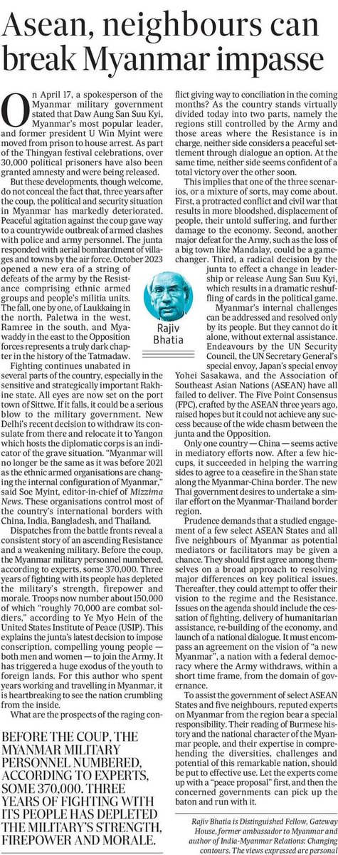 Myanmar will no longer be the same as it was before 2021. @bhatia_rk recommends in @htTweets, the need for experts from select #ASEAN States and its neighbours to assist their governments with a #peaceproposal, while highlighting the three scenarios for #Myanmar's future.