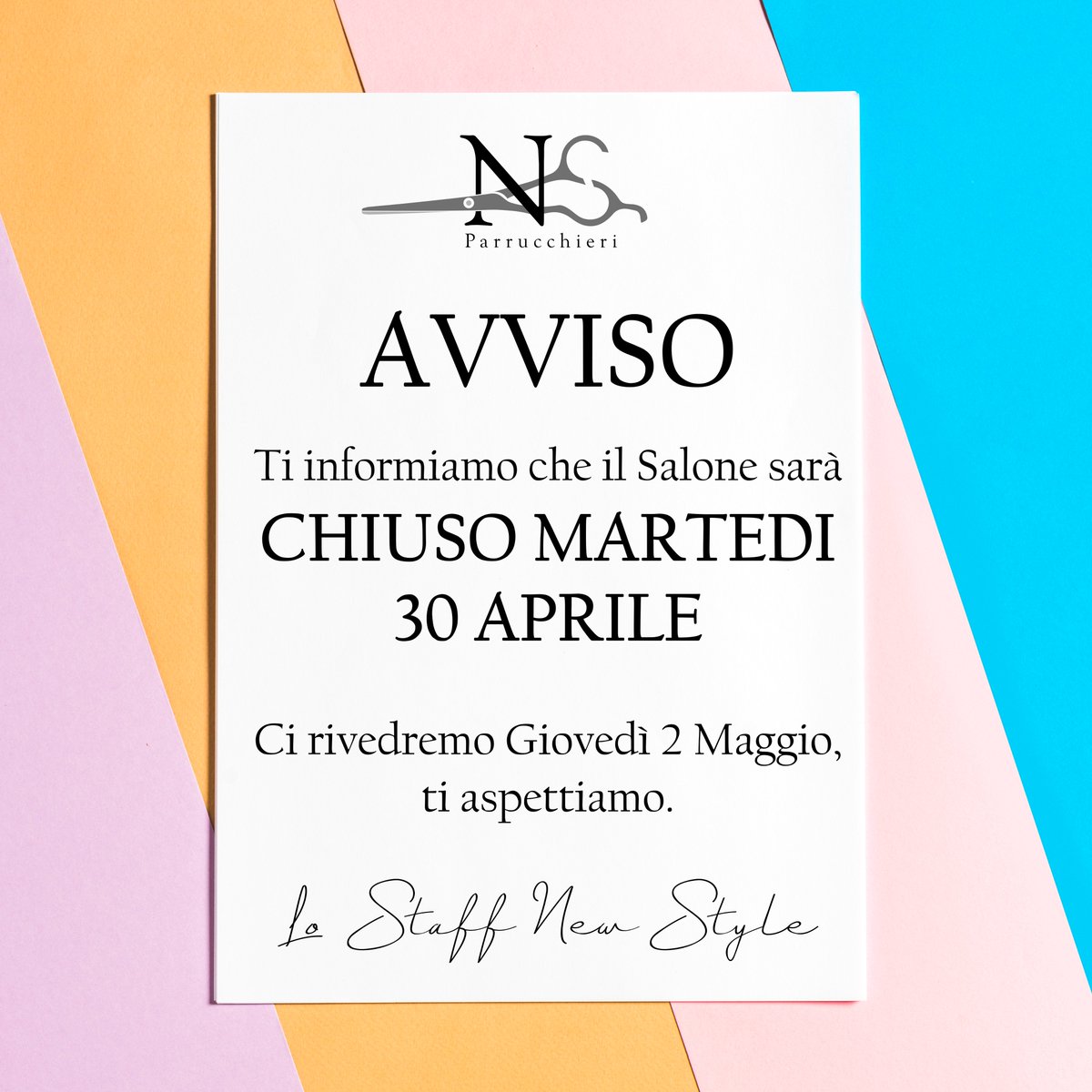 nstyle83's tweet photo. Il nostro Salone sarà chiuso Martedì prossimo, ci rivedremo quindi Giovedì 2 Maggio: contattaci per prenotare il tuo appuntamento. https://t.co/RNjJodKvrB