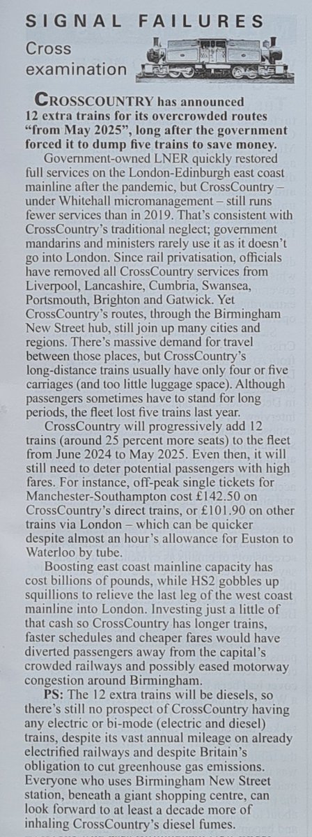 #HS2 'gobbles up squillions' for yet another #rail line to London while #CrossCountry suffers 'tradition neglect' despite 'massive demand...as it doesn't go into #London'
Private Eye 26/4/24
#Birmingham #Liverpool #Cumbria #Portsmouth #Brighton #Lancashire #Edinburgh #Newcastle