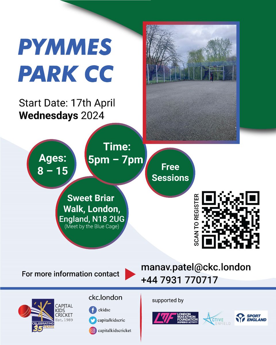 🏏 Join Pymmes Park Cricket Club every Wednesday, 5-7pm, for free Capital Kids Cricket sessions! Ages 8-15 welcome. Contact manav.patel@ckc.london or call 07931 770 717. Don't miss out! 🌟 #CricketSkills #capitalkidscricket #youthdevelopment @capitalkidscric