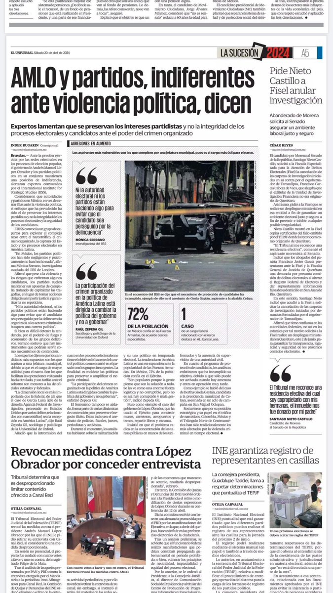 En <a href="/El_Universal_Mx/">El Universal</a> hicieron una nota del foro que tuvimos en el <a href="/IISS_org/">IISS News</a> <a href="/_IreneMia/">_IreneMia</a> 

Mi punto de siempre: crimen organizado busca cambiar política, no gobenar per se. 

Pueden ver el evento completo aquí. iiss.org/events/2024/03…